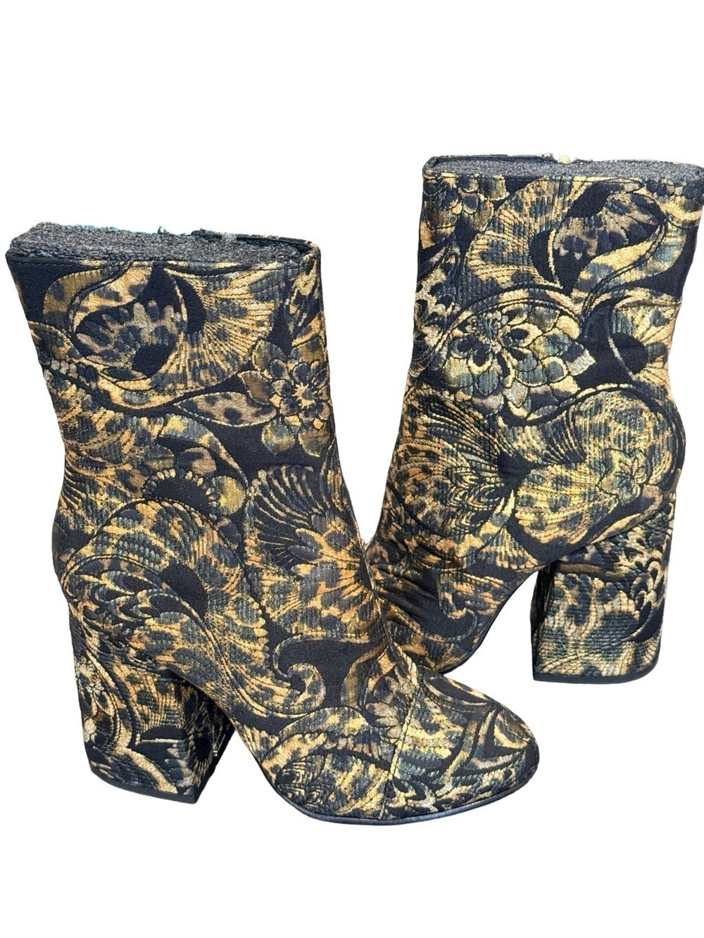 New In Box-ASH Flora Black Gold Metallic Velvet Brocade Mid Block Heel Boots 7M